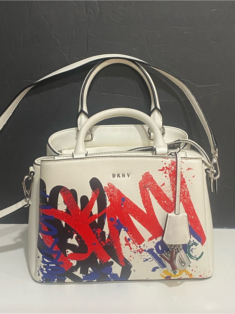 DKNY “Paige” Graffiti Satchel PurseWith Silver Hardware
